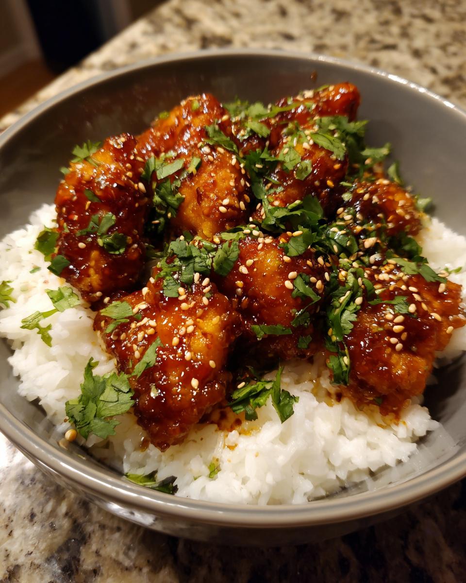 A bowl of fluffy coconut rice topped with glazed spicy maple chicken and garnished with cilantro and sesame seeds.