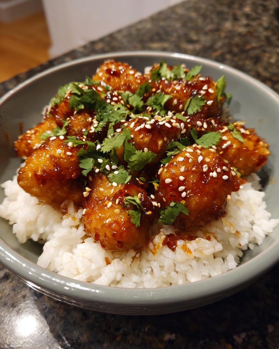 A bowl of fluffy coconut rice topped with glistening spicy maple chicken pieces, garnished with sesame seeds and cilantro.