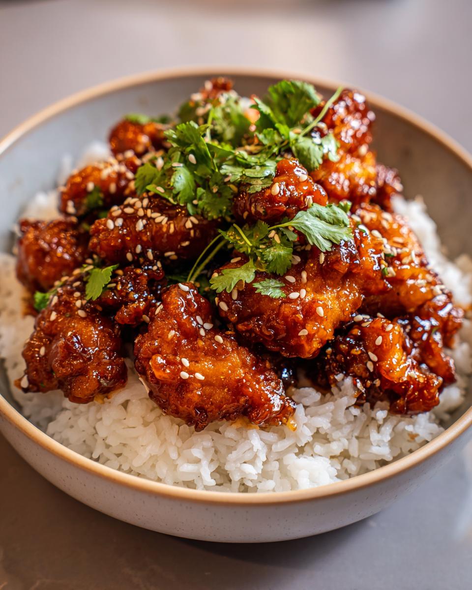A bowl of fluffy coconut rice topped with glistening spicy maple chicken and fresh cilantro.