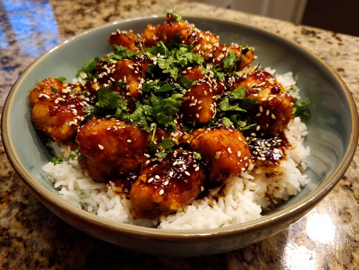 A bowl of fluffy coconut rice topped with glazed spicy maple chicken and garnished with sesame seeds and cilantro.
