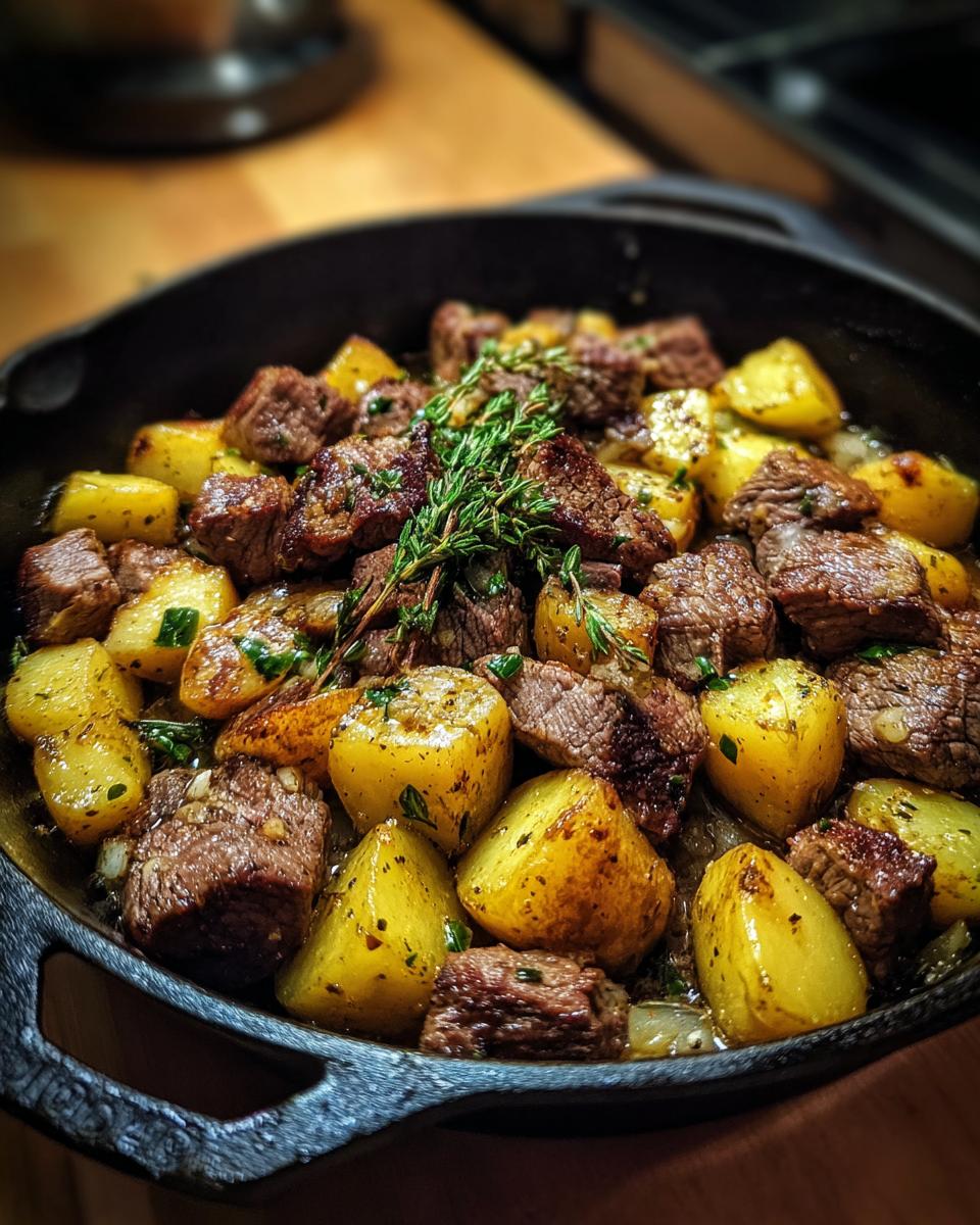 Close-up of golden brown steak bites and roasted potatoes seasoned with herbs in a cast iron skillet.