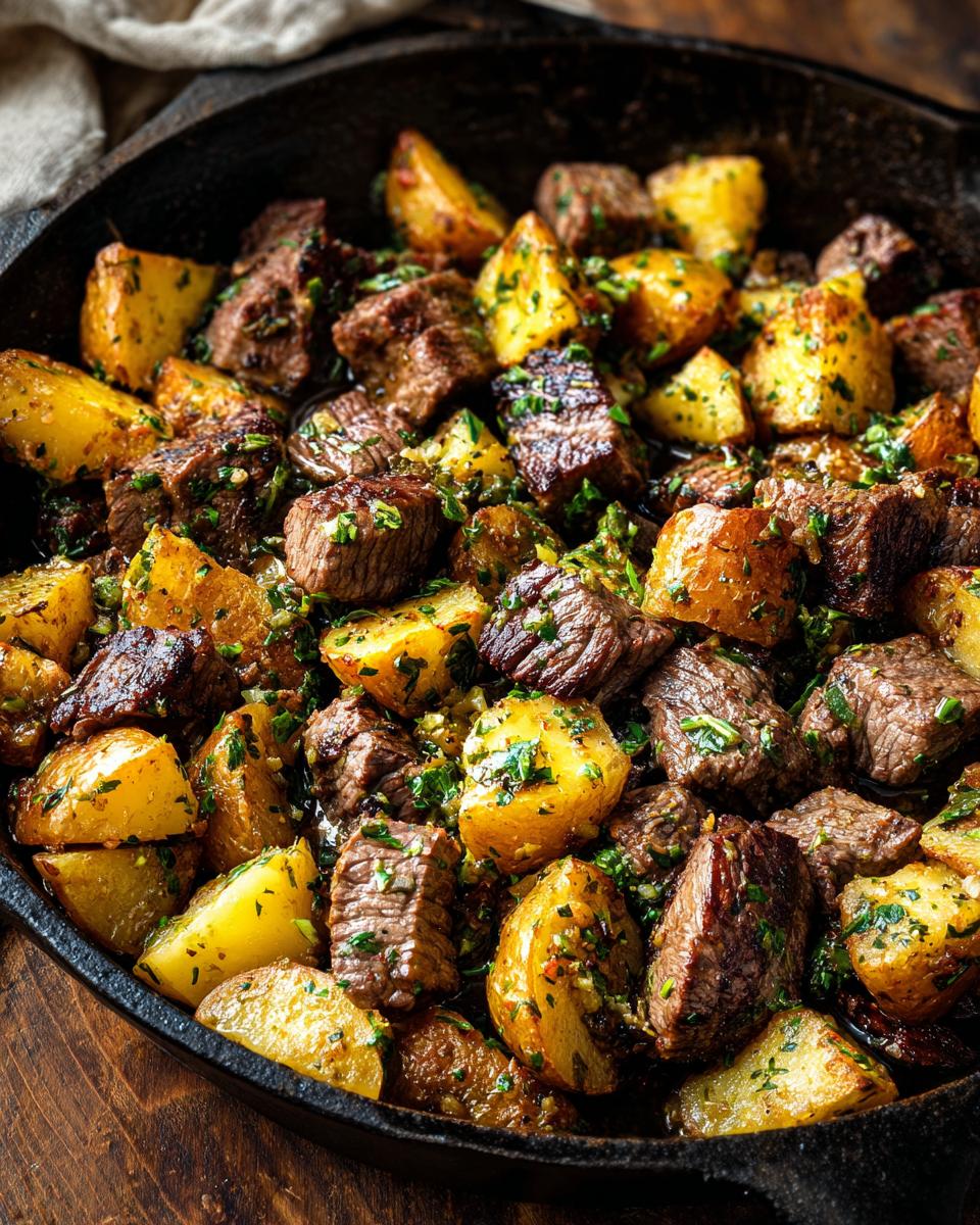 Close-up of perfectly cooked steak bites and golden roasted potatoes seasoned with herbs in a cast-iron skillet.