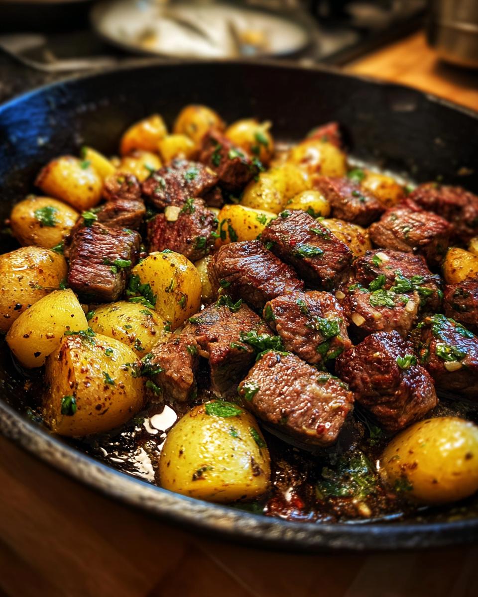 Close-up of juicy steak bites and golden potatoes seasoned with herbs in a cast iron skillet.