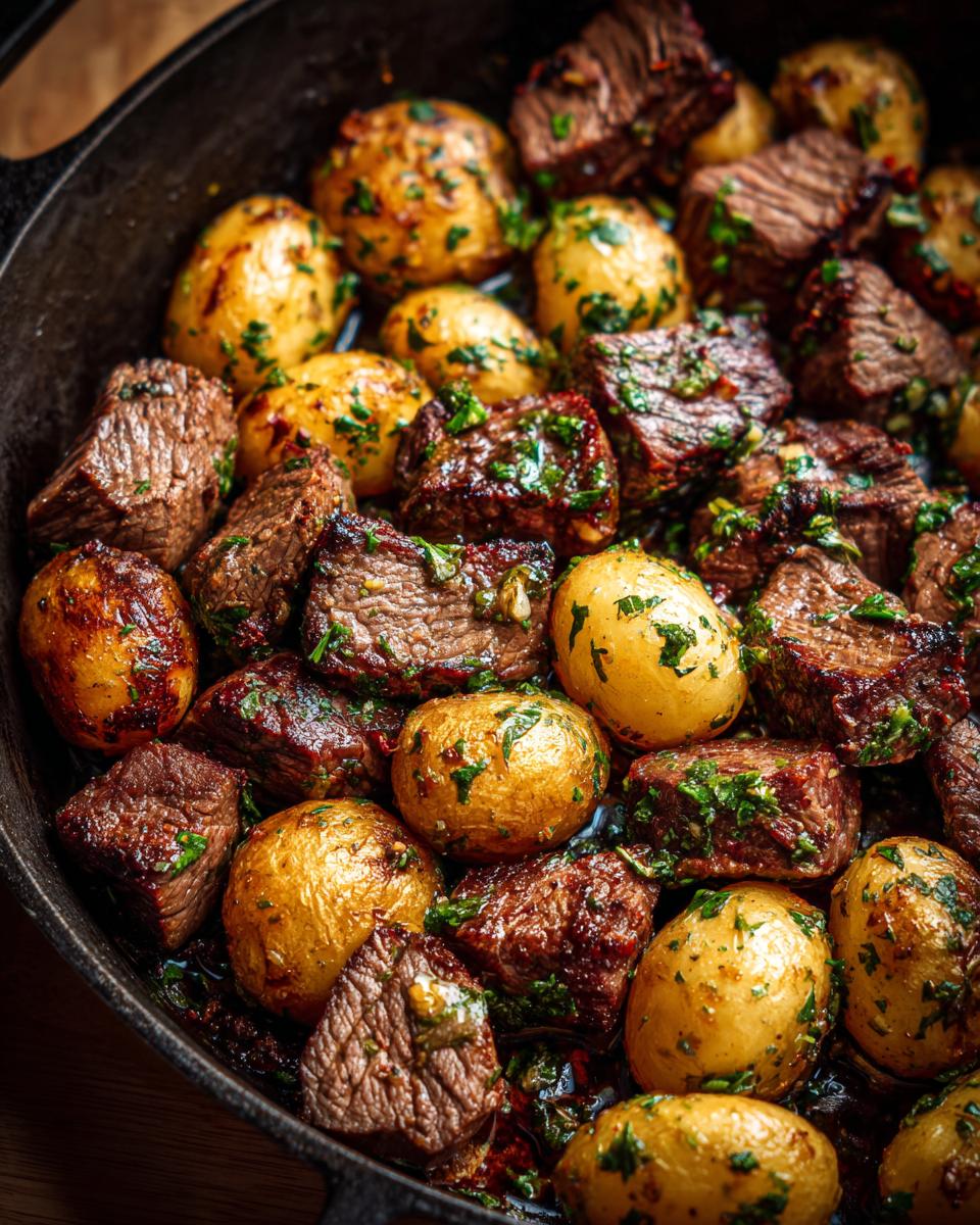 Close-up of juicy steak bites and golden potatoes seasoned with herbs in a cast-iron skillet.