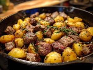 Close-up of juicy steak bites and golden roasted potatoes seasoned with herbs in a cast iron skillet.