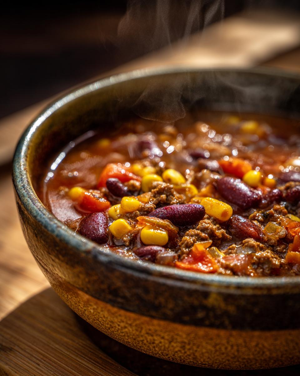 A close-up shot of a steaming bowl of ranch taco soup, filled with ground beef, kidney beans, corn, and tomatoes.