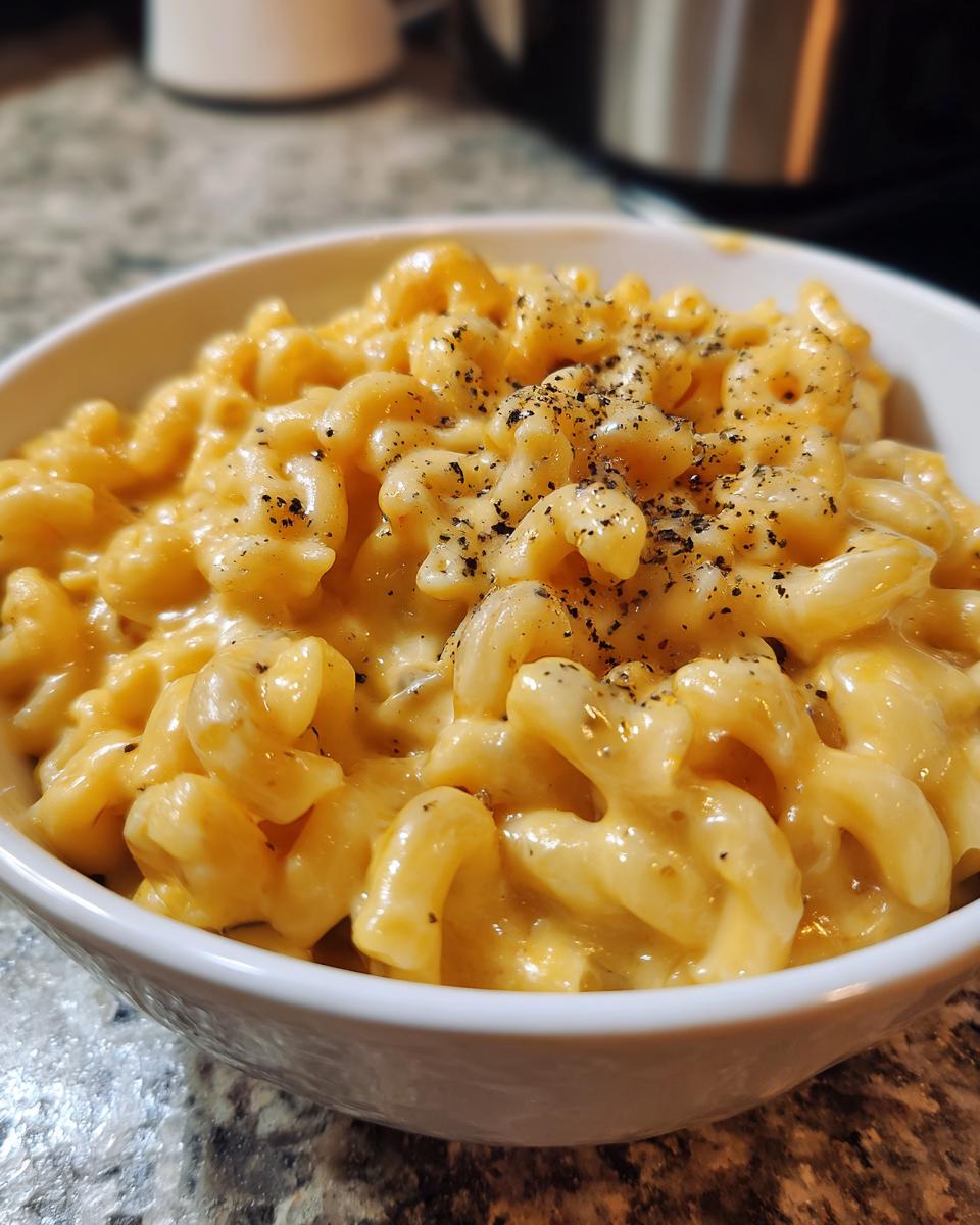 A close-up of a white bowl filled with creamy stovetop mac and cheese, topped with cracked black pepper.