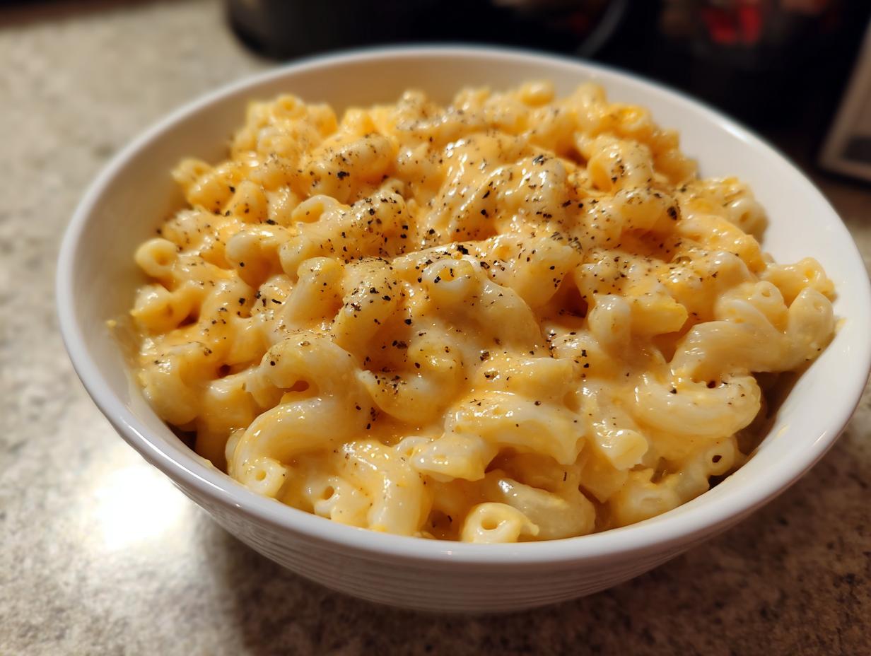 A bowl of creamy stovetop mac and cheese, seasoned with black pepper.