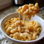 A spoonful of creamy stovetop mac and cheese being lifted from a bowl, with long strings of melted cheese stretching.