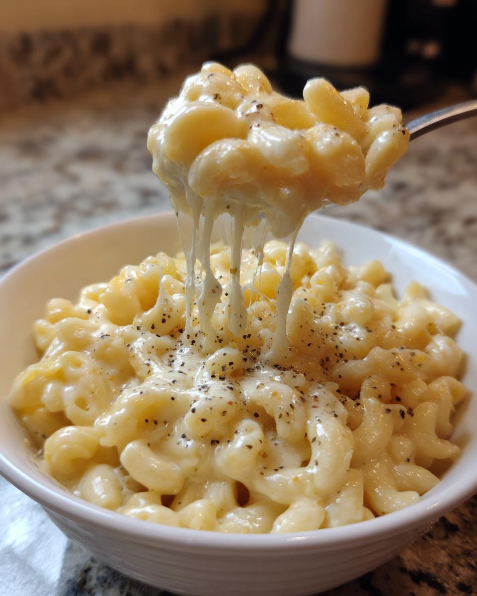 A fork lifting a cheesy portion of creamy stovetop mac and cheese, showing long cheese pulls.