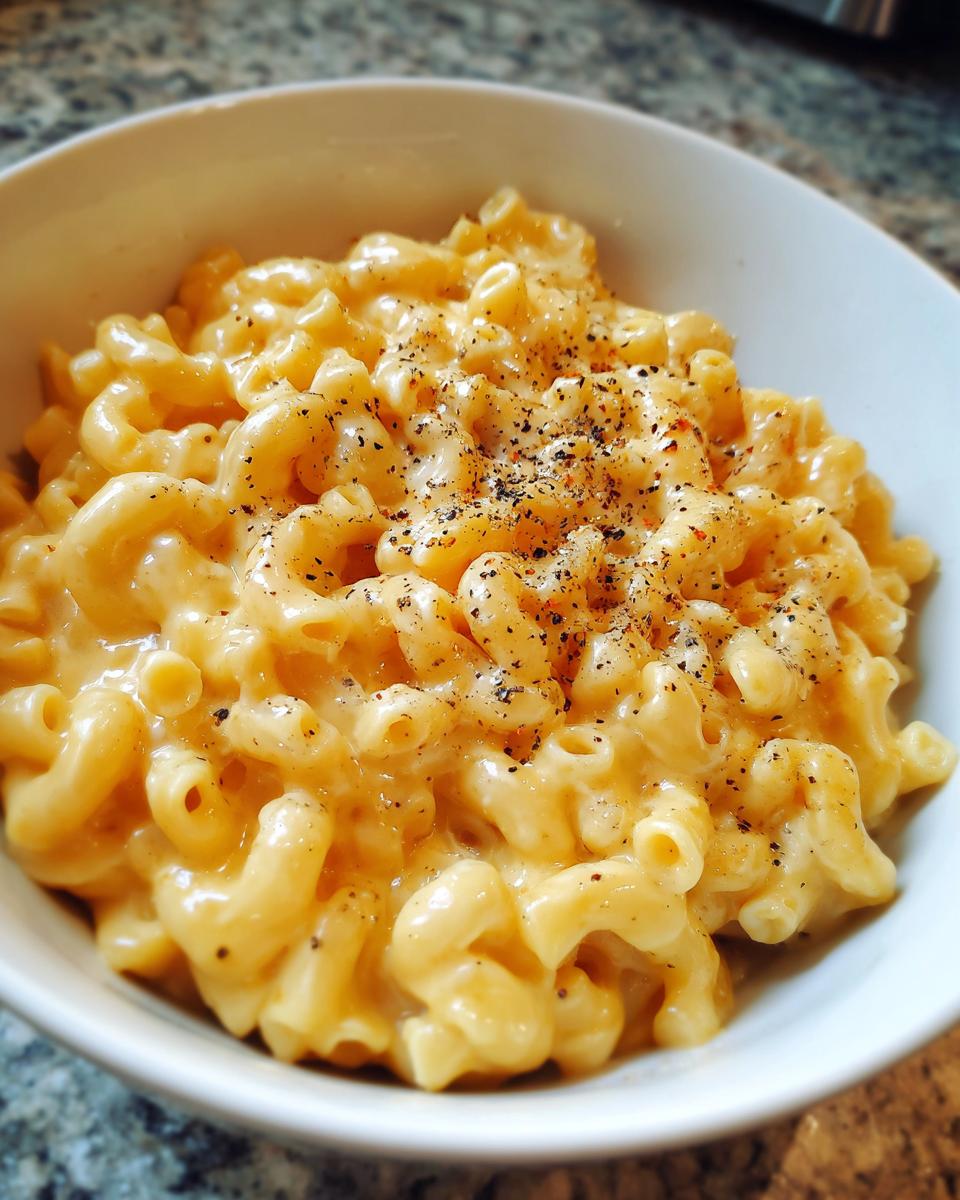 A close-up of a bowl of creamy stovetop mac and cheese, topped with freshly ground black pepper.