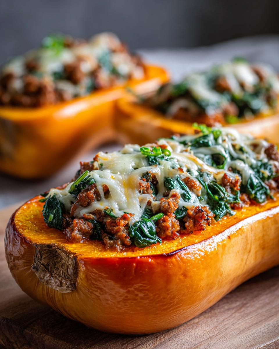 Close-up of a savory stuffed butternut squash filled with ground meat, spinach, and melted cheese.