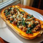 A close-up of a halved butternut squash stuffed with savory sausage, spinach, and melted cheese.