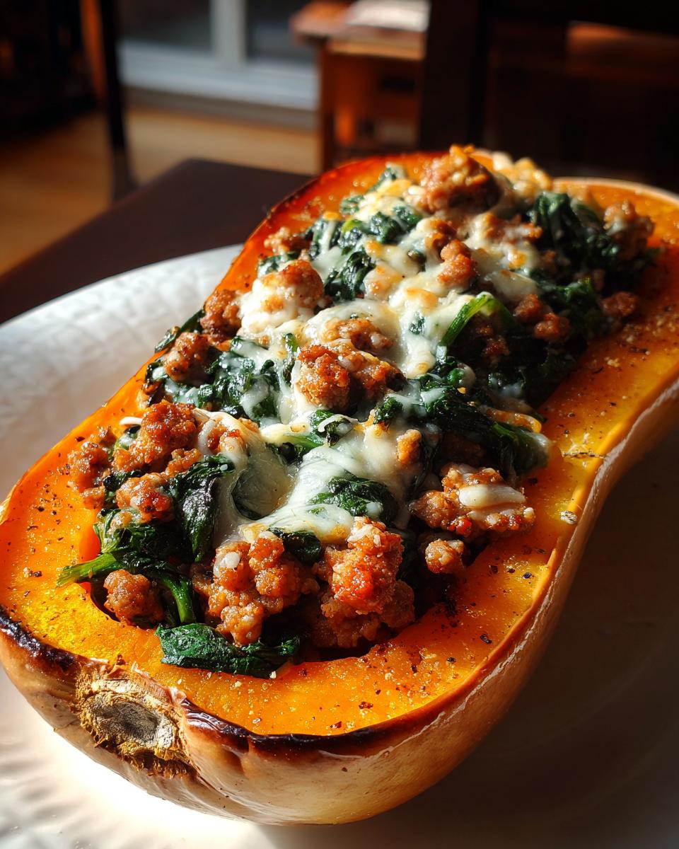 A close-up of a halved butternut squash stuffed with savory sausage, spinach, and melted cheese.