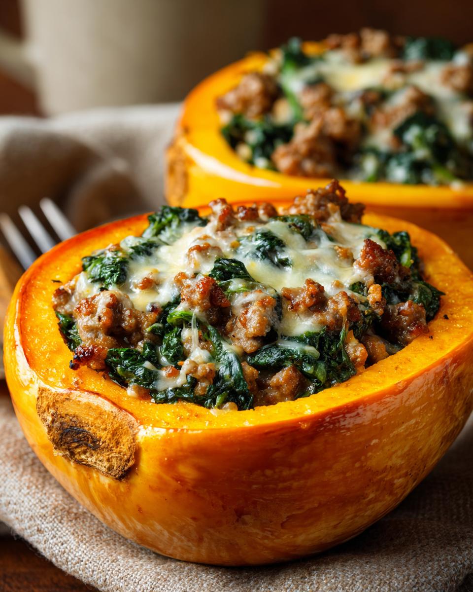 Close-up of a savory stuffed butternut squash filled with sausage, spinach, and melted cheese.
