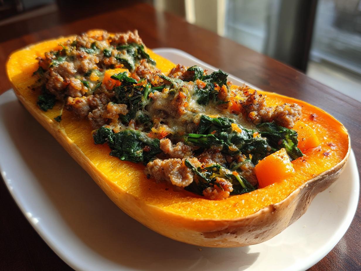 A close-up of a halved Stuffed Butternut Squash filled with savory sausage, spinach, and melted cheese.