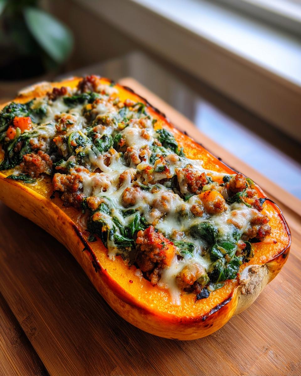 Close-up of a savory stuffed butternut squash filled with ground meat, spinach, and melted cheese.