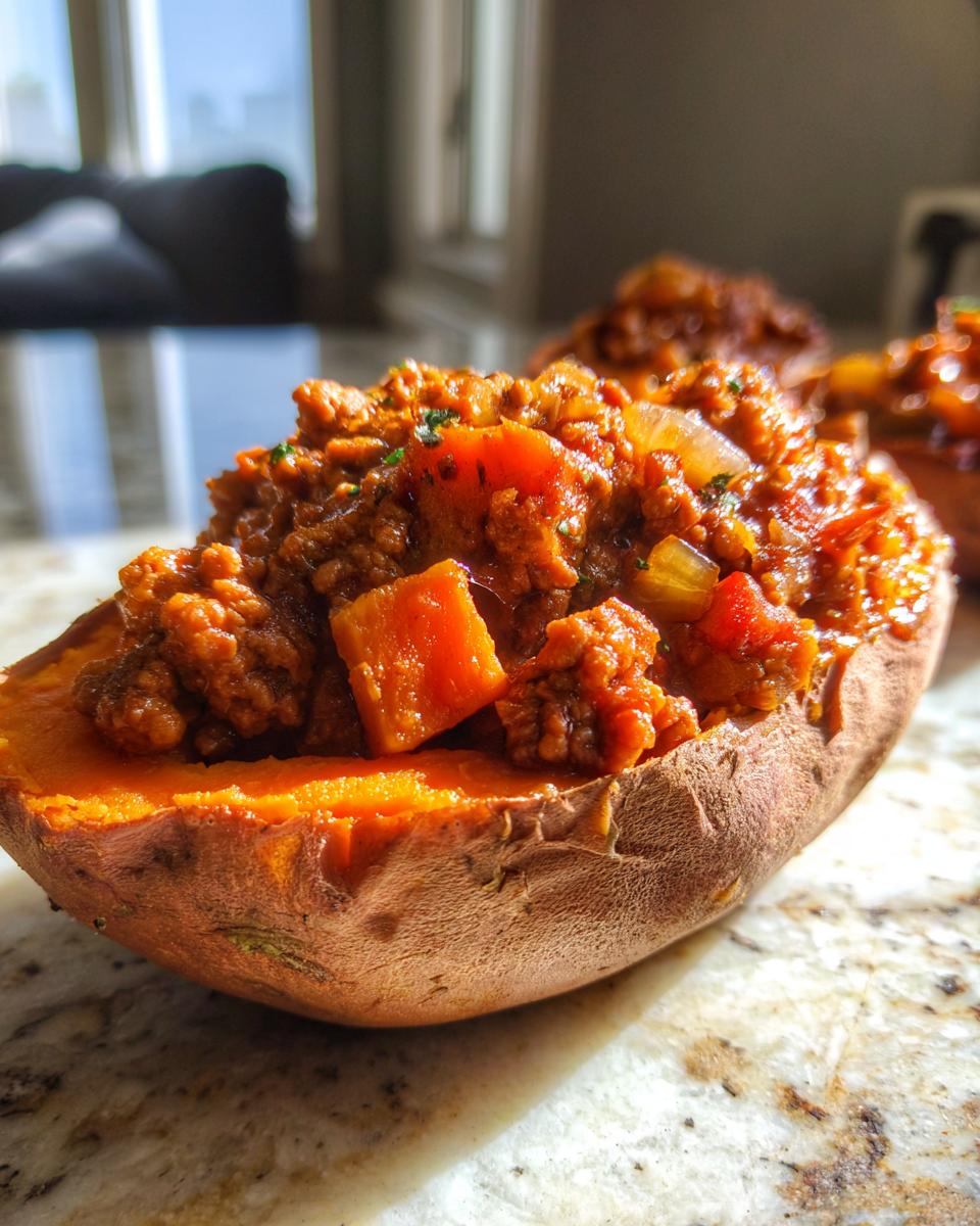 Close-up of a baked sweet potato half filled with savory ground meat and chunks of sweet potato, a delicious sweet potato sloppy joes.