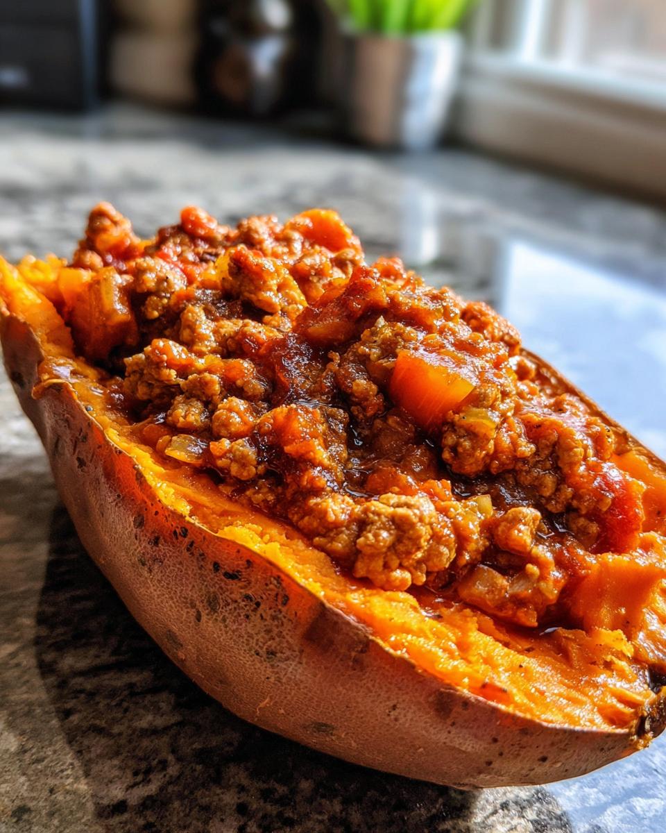 A baked sweet potato split in half and filled with a hearty sweet potato sloppy joes mixture.