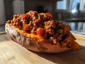 A baked sweet potato split open and generously filled with savory sweet potato sloppy joes mixture.