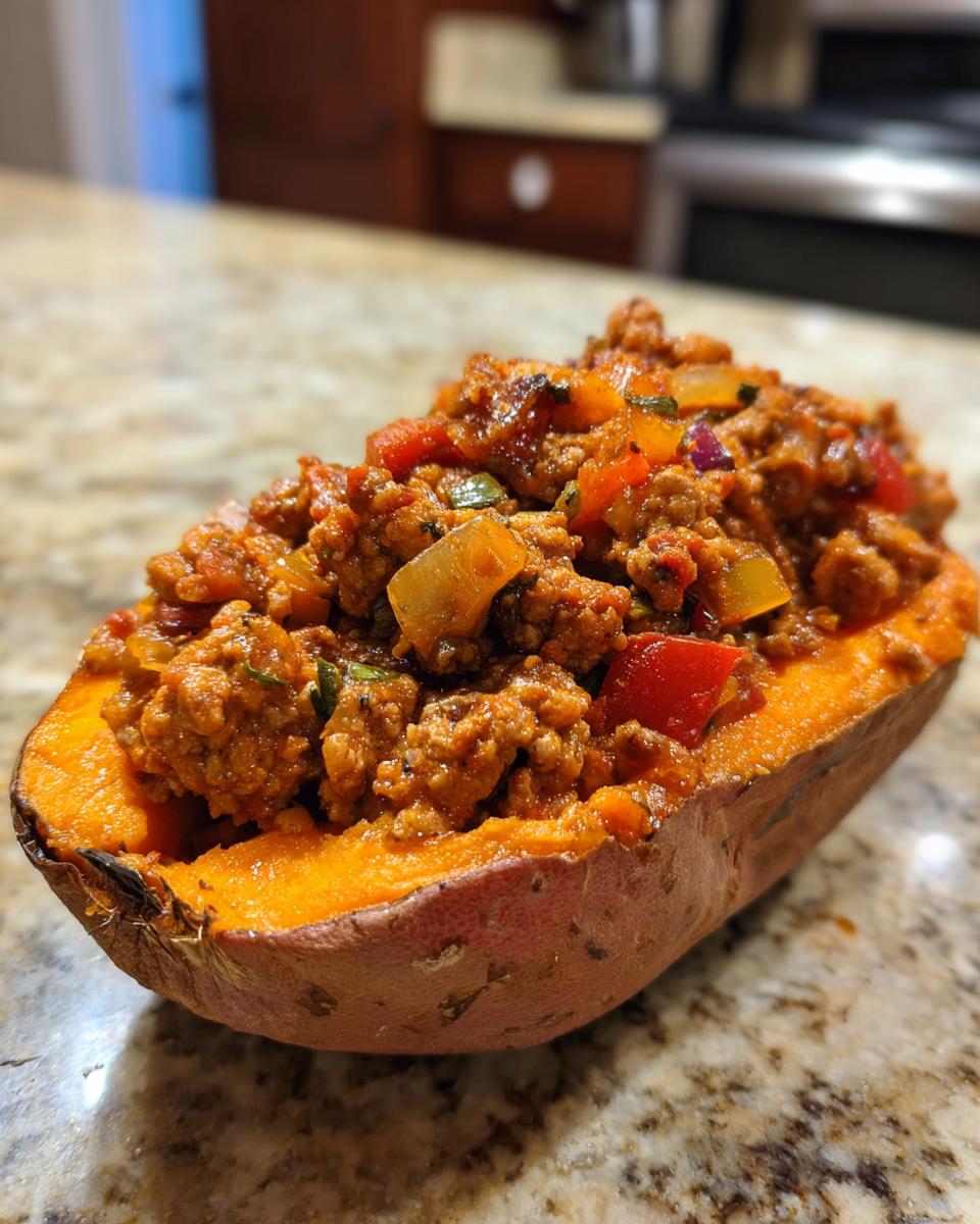Close-up of a baked sweet potato half filled with savory ground meat and vegetable mixture for sweet potato sloppy joes.