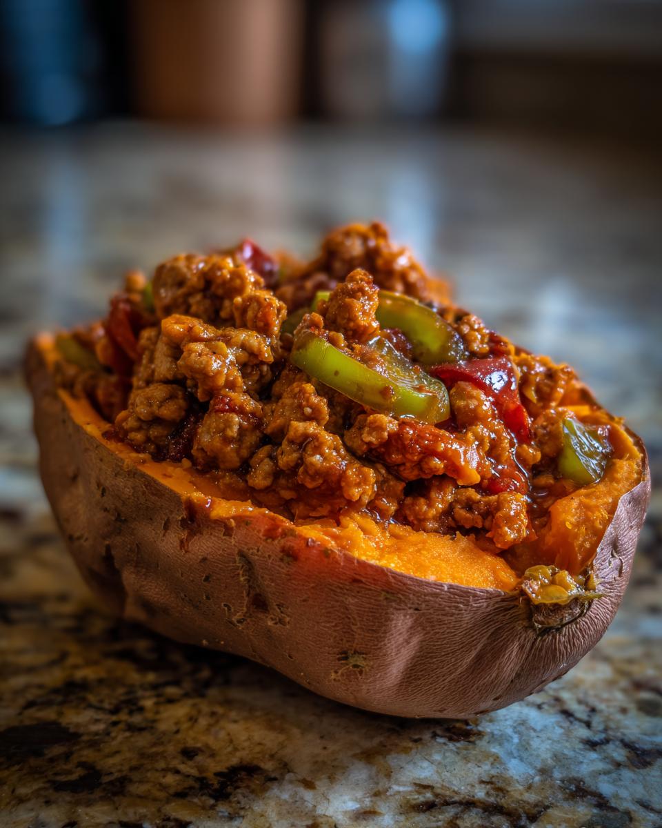Close-up of a baked sweet potato filled with savory sweet potato sloppy joes mixture and green peppers.