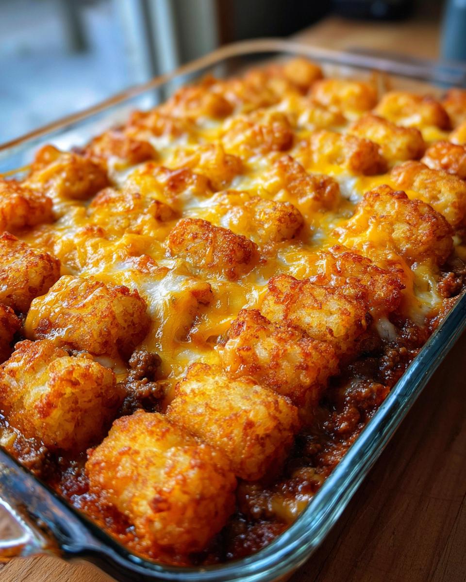 A close-up of a Tater Tot Casserole in a glass baking dish, topped with melted cheese and golden-brown tater tots.