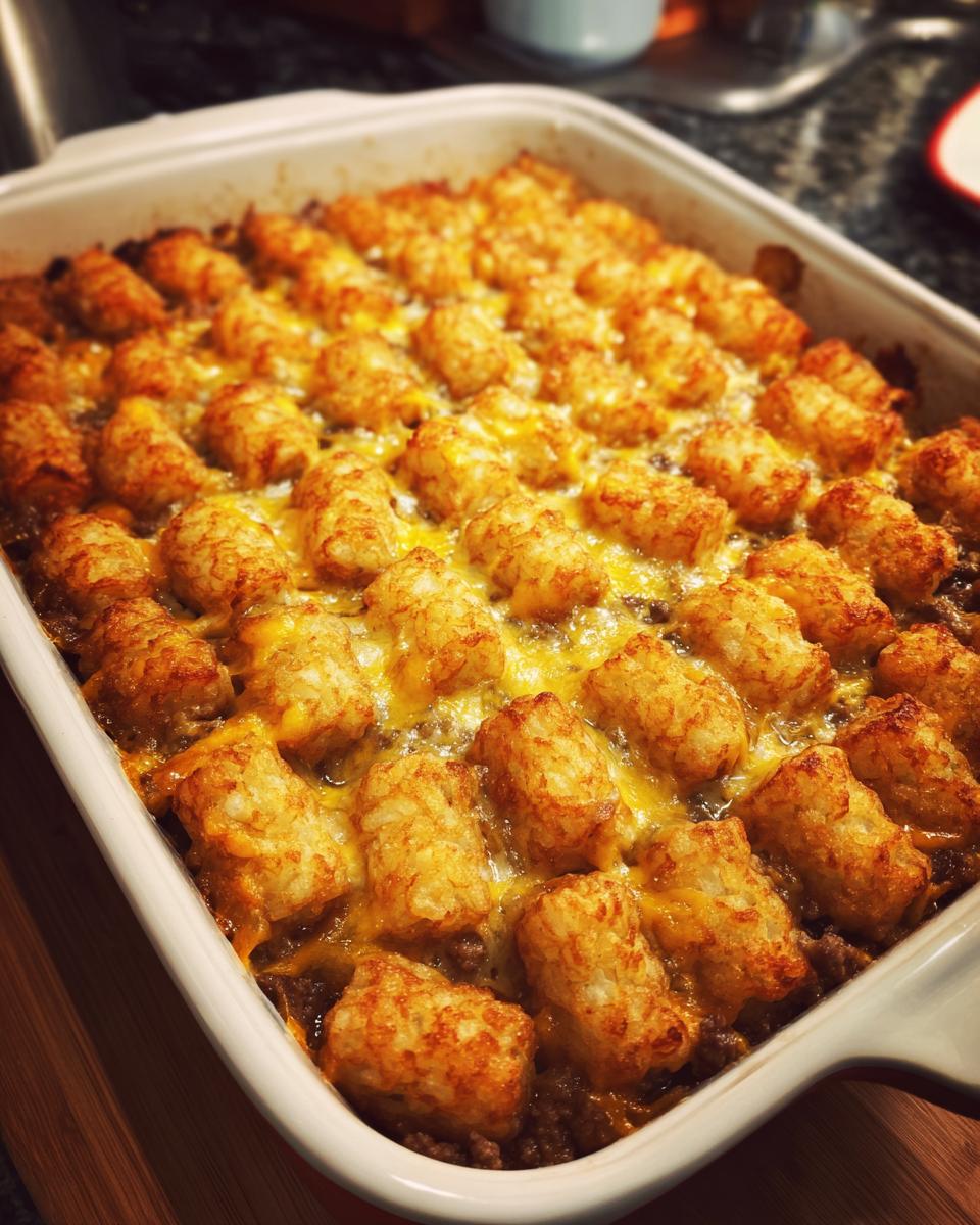 Close-up of a freshly baked Tater Tot Casserole in a white baking dish, with golden brown tater tots and melted cheese.