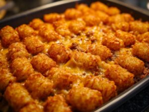 Close-up of a bubbling Tater Tot Casserole in a baking dish, with golden brown tater tots and melted cheese.