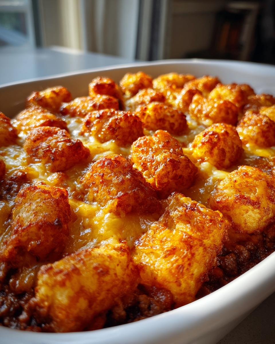 Close-up of a baked Tater Tot Casserole in a white dish, with golden brown tater tots and melted cheese.