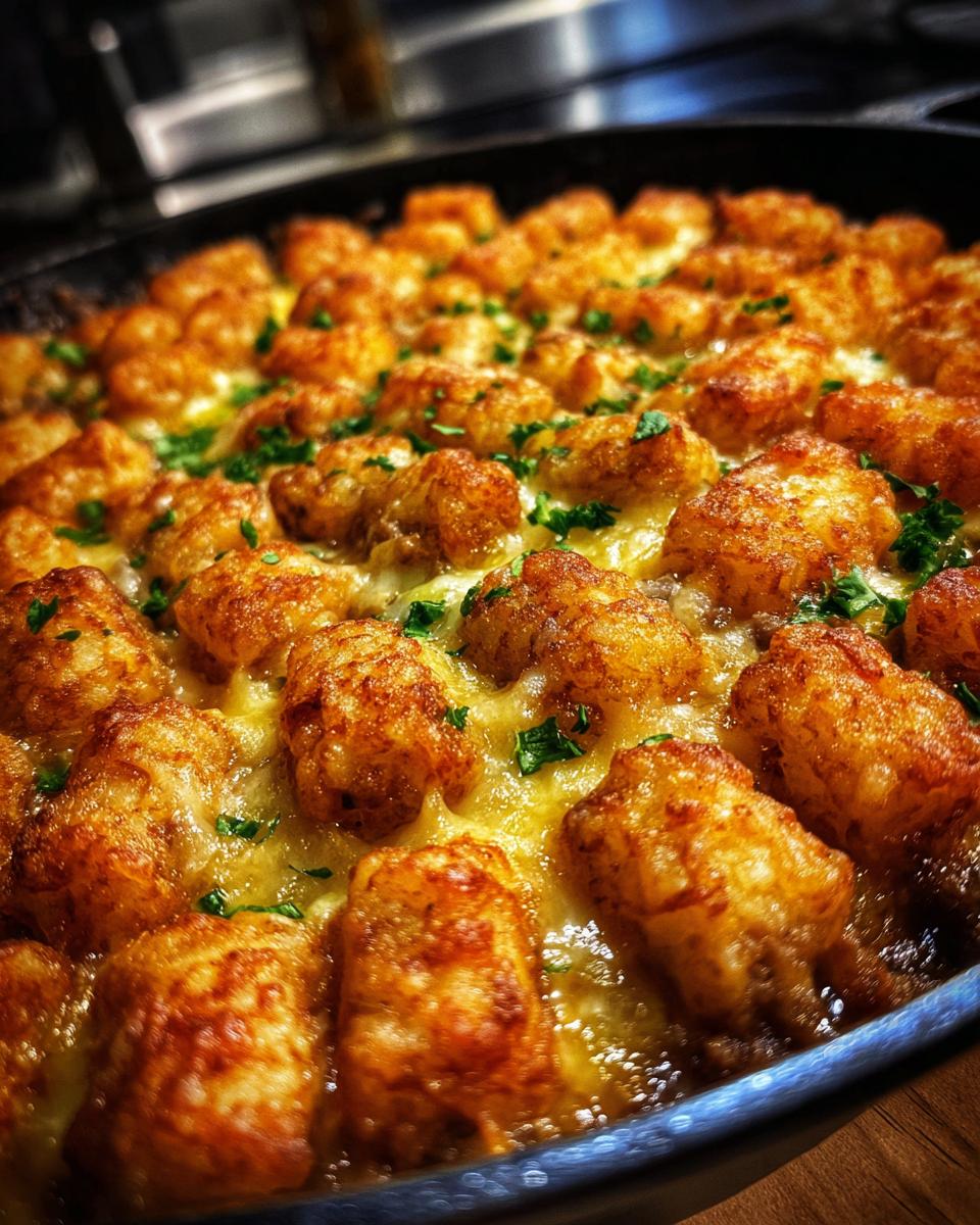 Close-up of a bubbly Tater Tot Casserole topped with golden brown tater tots and melted cheese, garnished with parsley.