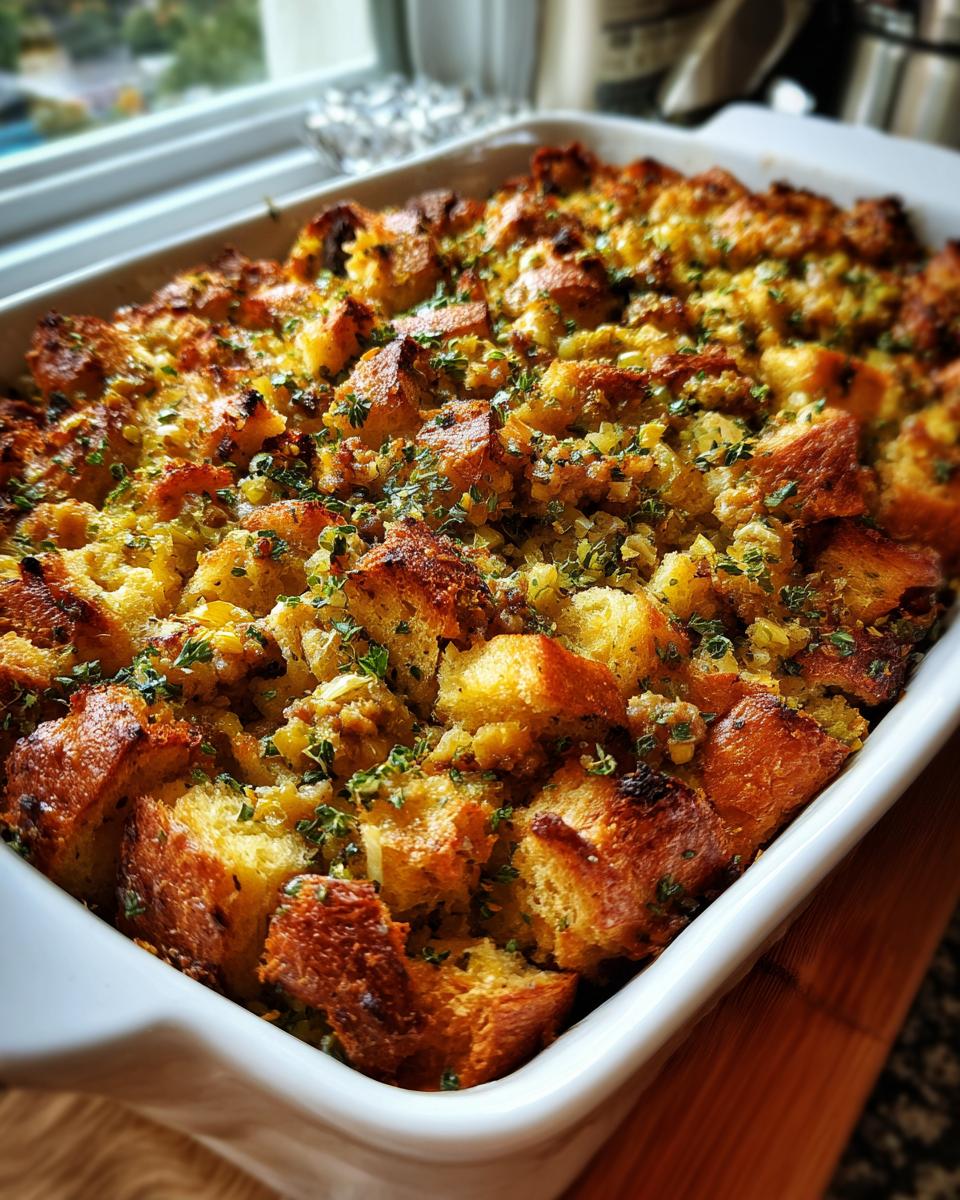 Close-up of a perfectly baked turkey stuffing recipe in a white casserole dish, with golden brown bread cubes and fresh herbs.