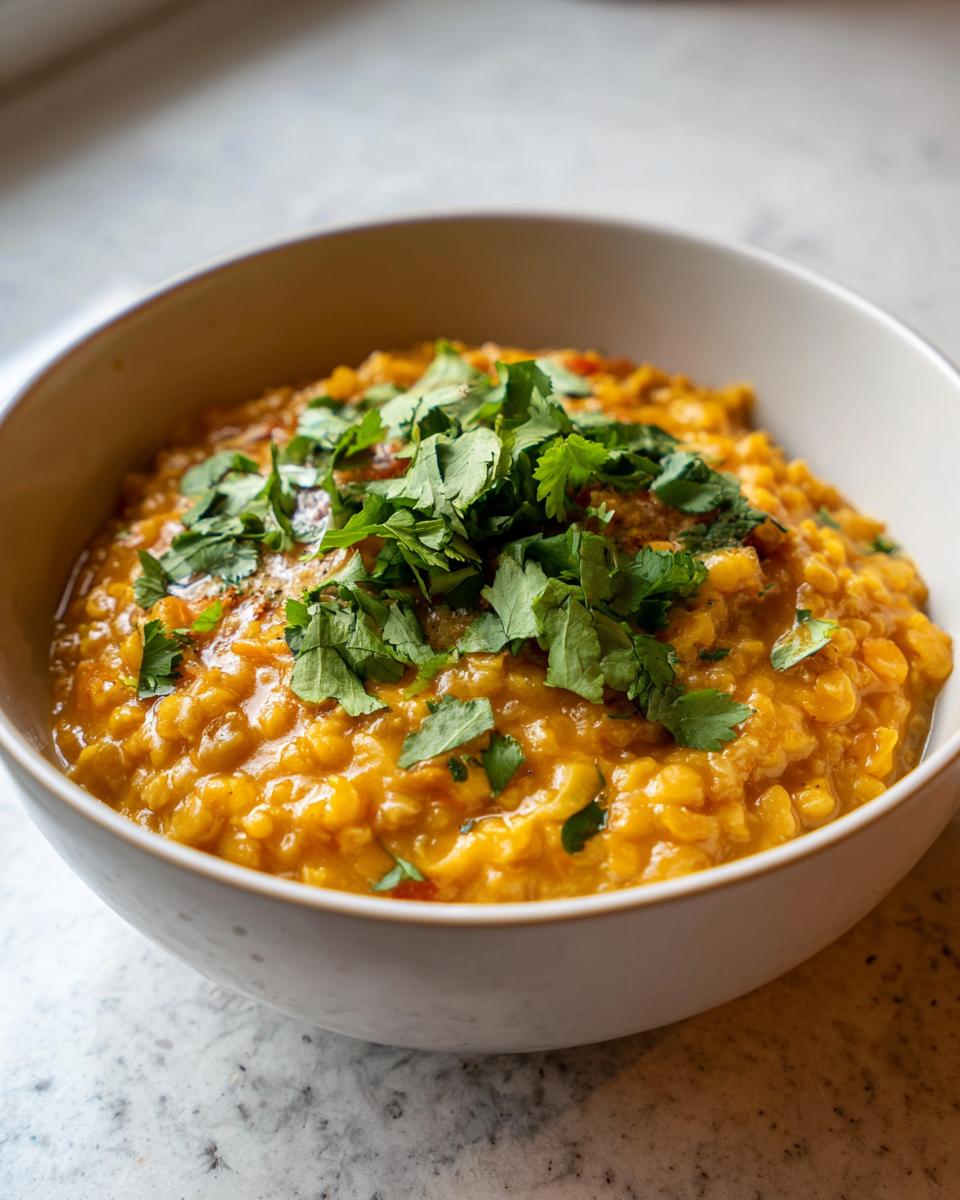 A close-up of a bowl of vibrant, golden vegan lentil curry topped with fresh cilantro.