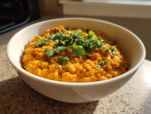 A close-up of a white bowl filled with vibrant orange vegan lentil curry, garnished with fresh cilantro.