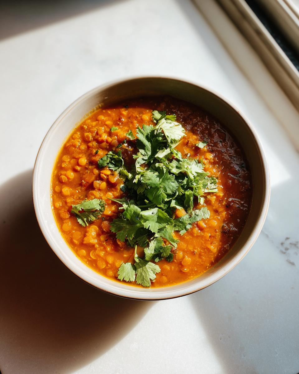 A close-up overhead view of a bowl filled with vibrant orange lentil curry, garnished with fresh cilantro.