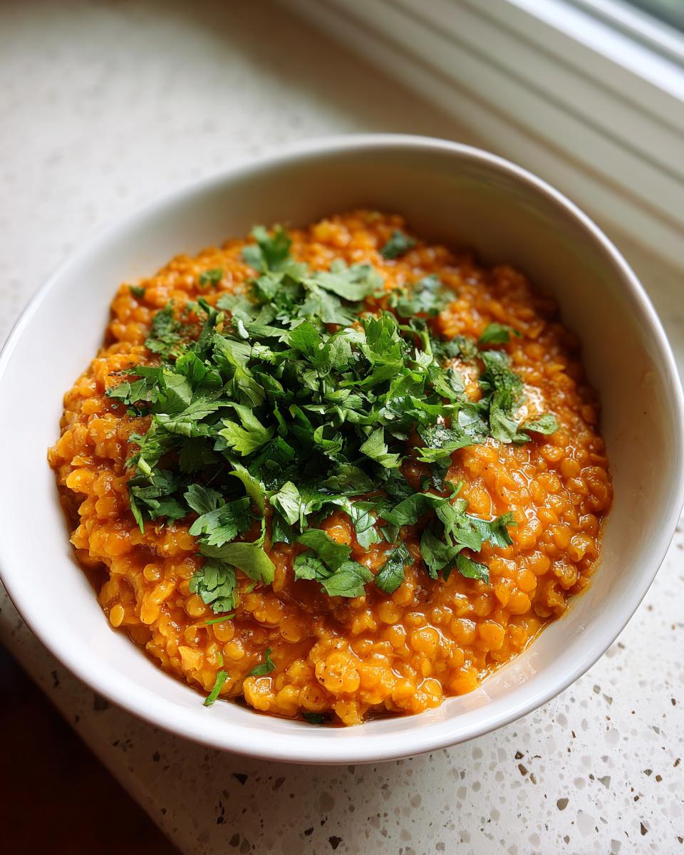 A close-up of a white bowl filled with vibrant orange lentil curry, generously topped with fresh green cilantro.