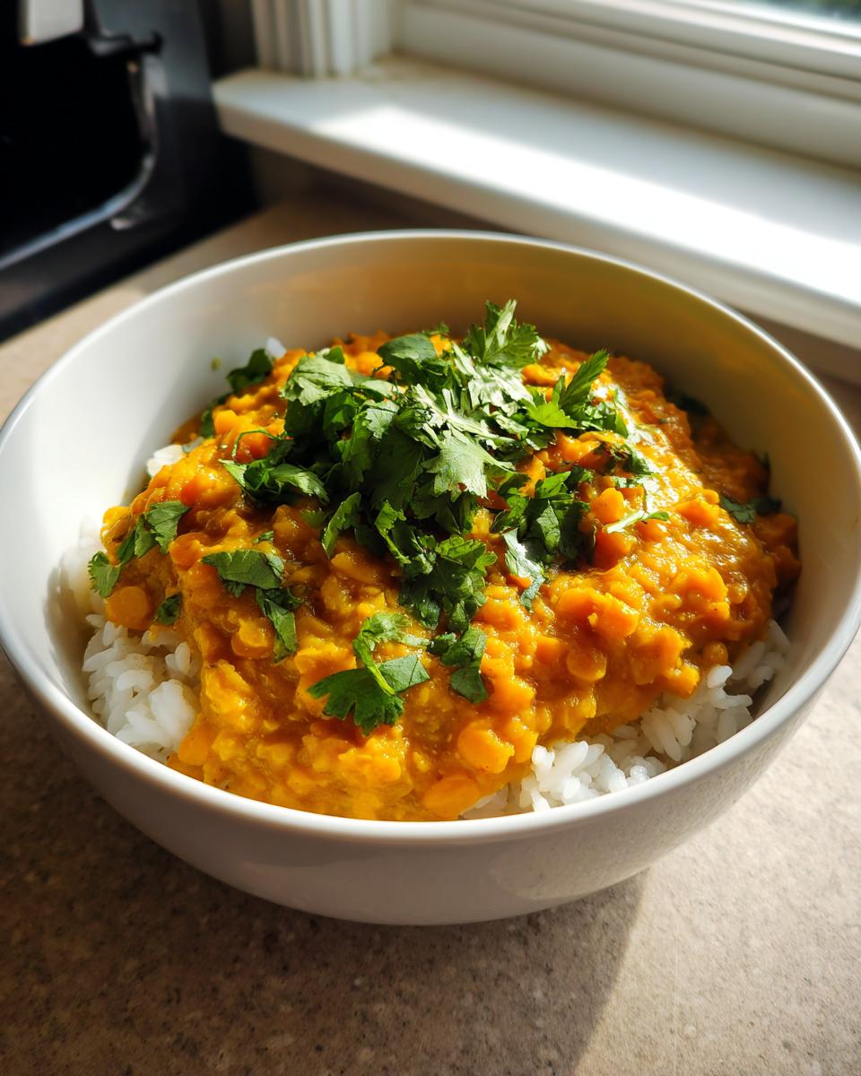 A bowl of fluffy white rice topped with vibrant orange lentil curry and fresh cilantro.