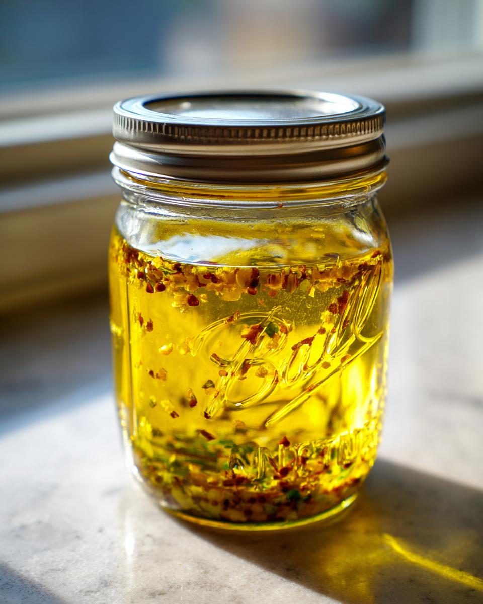 A glass jar filled with golden vinaigrette salad dressing and visible herbs and chili flakes.