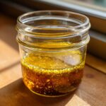 A glass jar filled with golden vinaigrette salad dressing, showing oil, vinegar, and herbs.