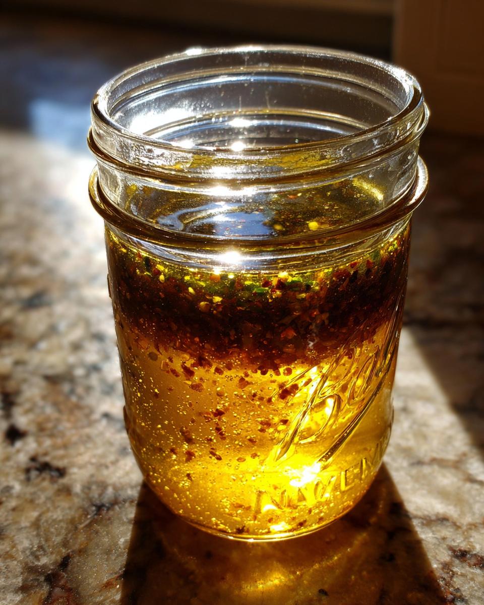 Close-up of a glass jar filled with homemade vinaigrette salad dressing, showing oil and seasonings.