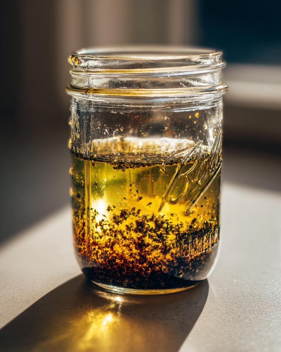 A close-up of a glass jar filled with homemade vinaigrette salad dressing, showing oil, vinegar, and herbs.