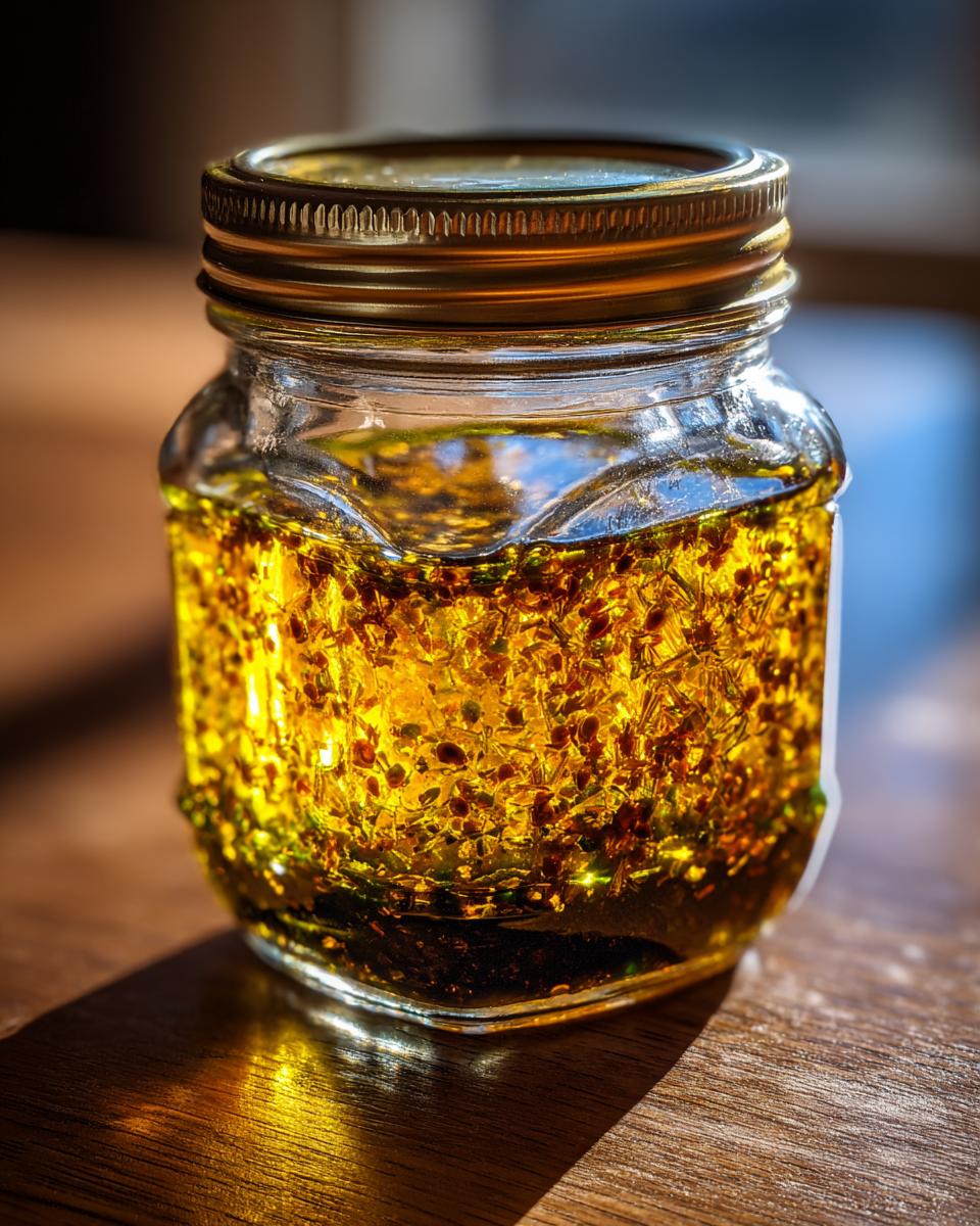 A close-up of a glass jar filled with golden vinaigrette salad dressing, showing herbs and spices suspended within.