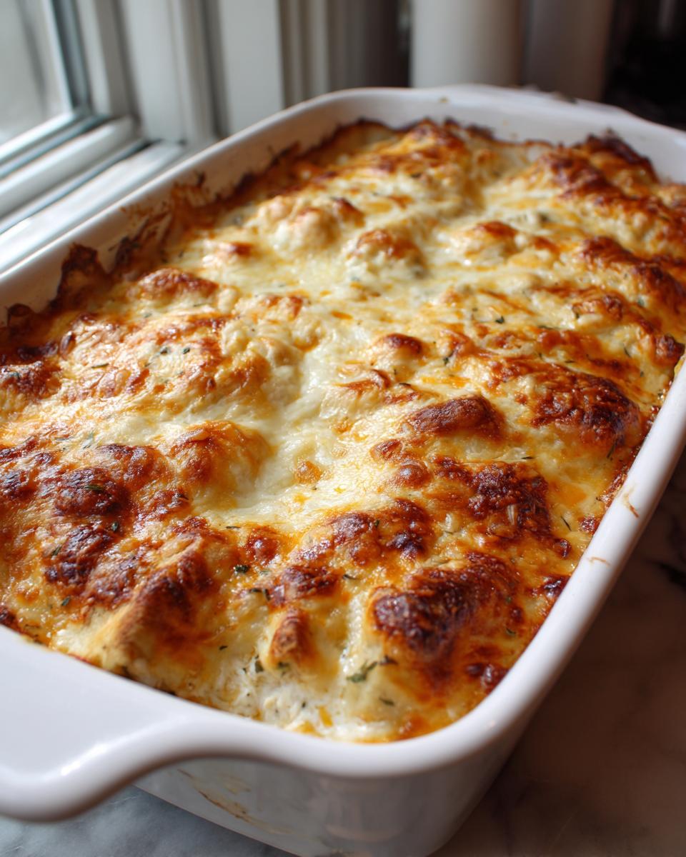A close-up of freshly baked white chicken enchiladas in a white baking dish, topped with bubbly, golden-brown melted cheese and herbs.