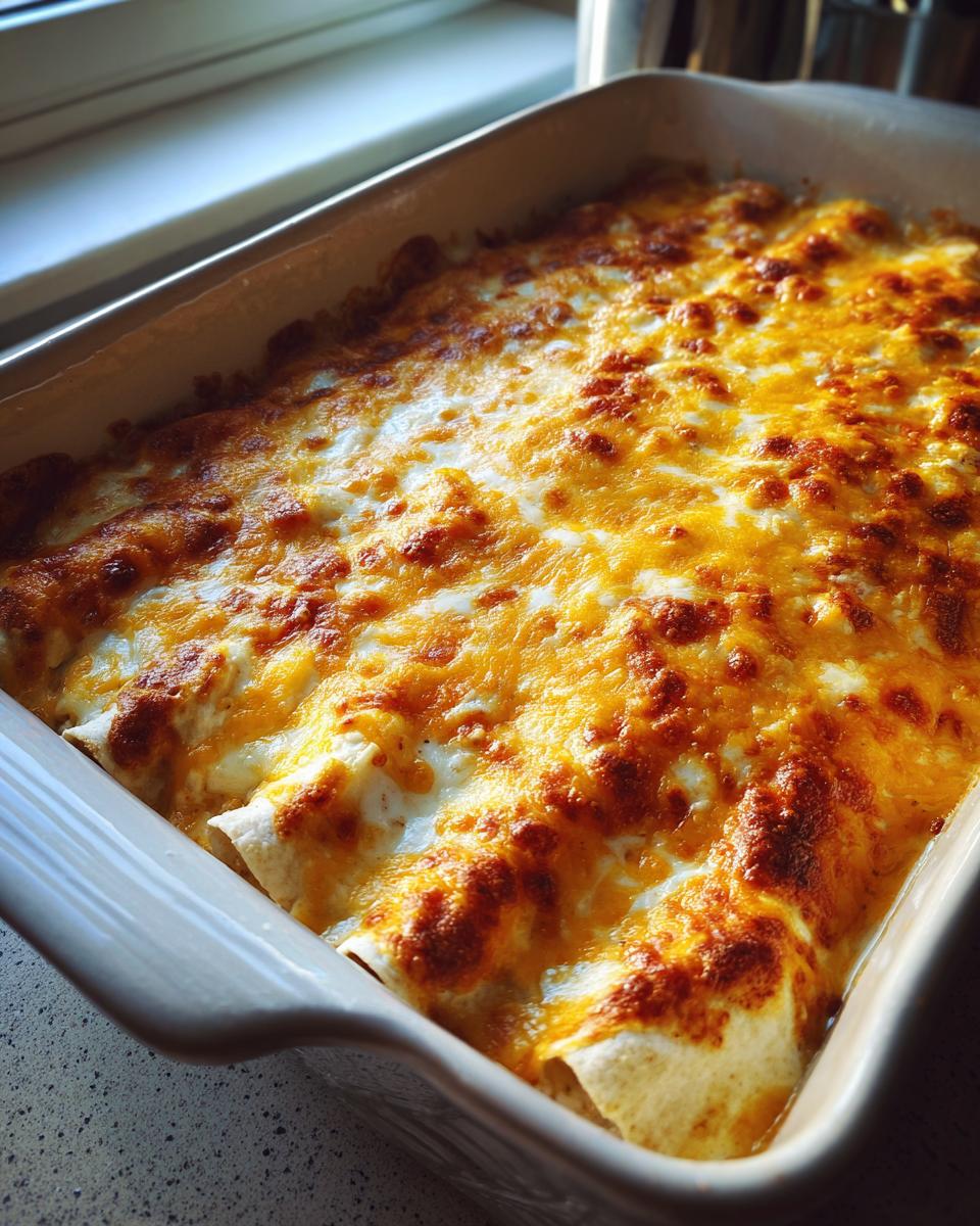 Close-up of a baking dish filled with bubbly, golden-brown white chicken enchiladas topped with melted cheese.