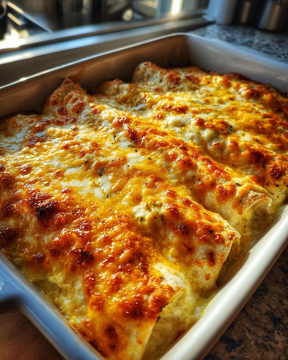 Close-up of golden brown baked white chicken enchiladas covered in melted cheese in a white baking dish.