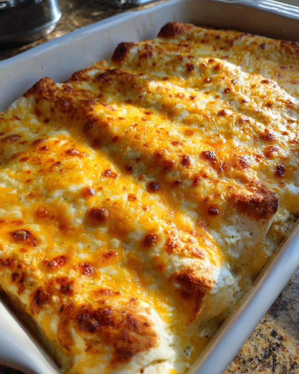 Close-up of golden-brown baked white chicken enchiladas covered in melted cheese in a white baking dish.