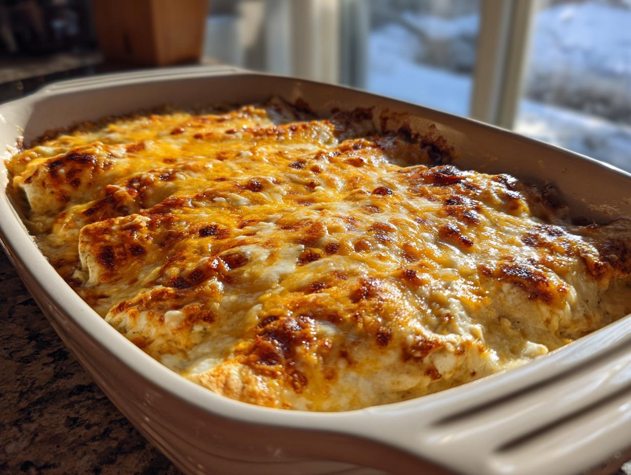 A baking dish filled with golden-brown, cheesy white chicken enchiladas, fresh from the oven.