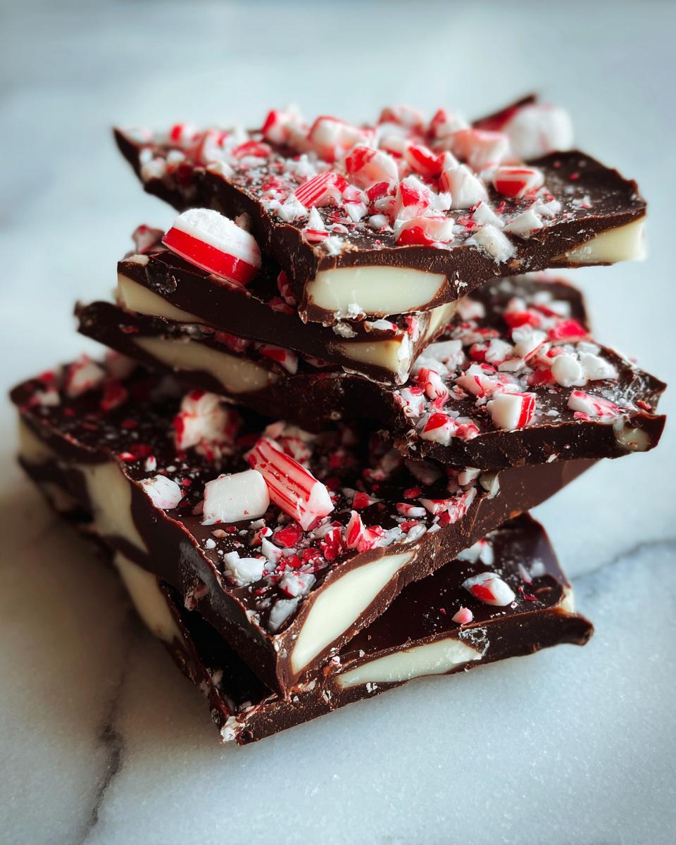 Close-up of stacked pieces of dark and white chocolate peppermint bark topped with crushed candy canes.