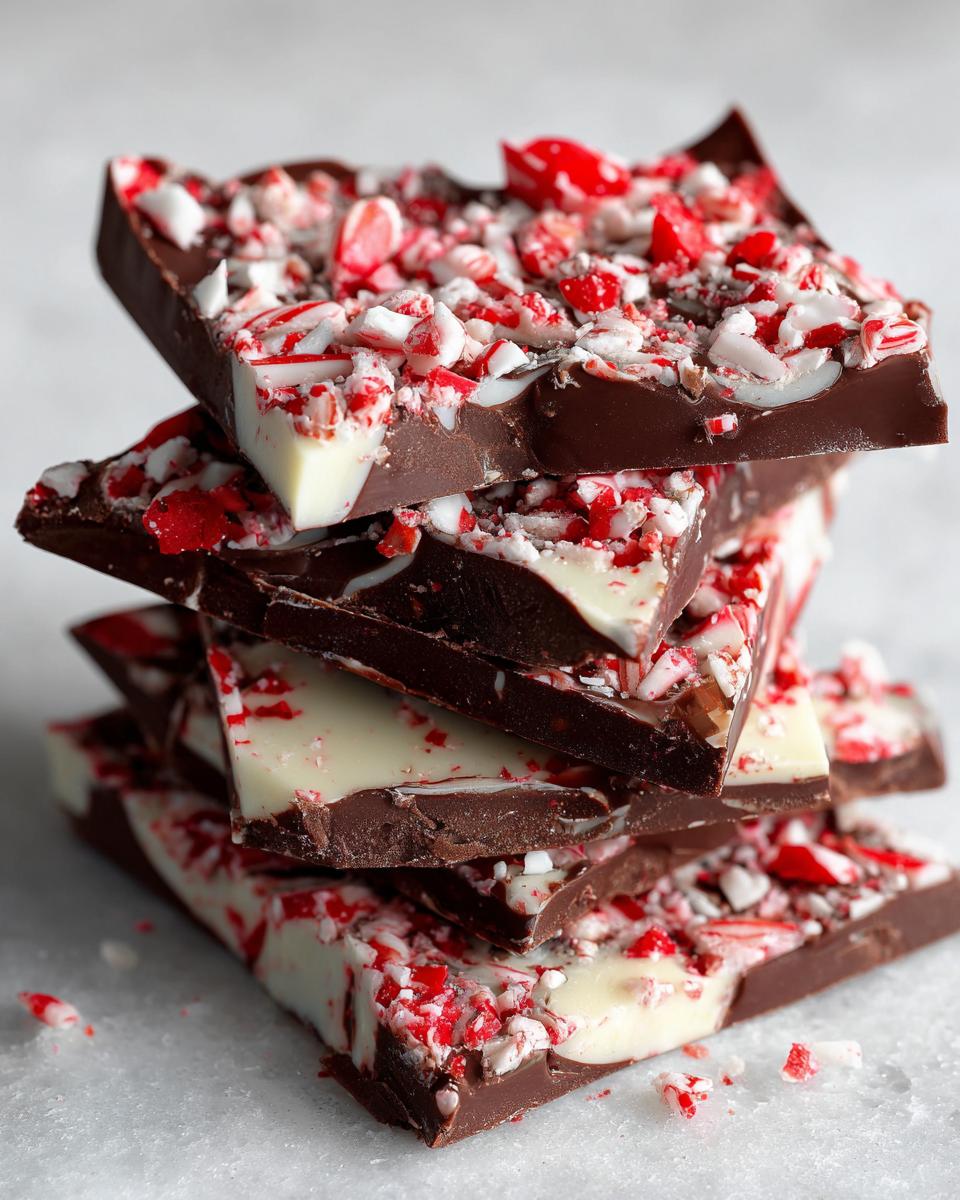 A stack of dark and white chocolate peppermint bark pieces topped with crushed candy canes.