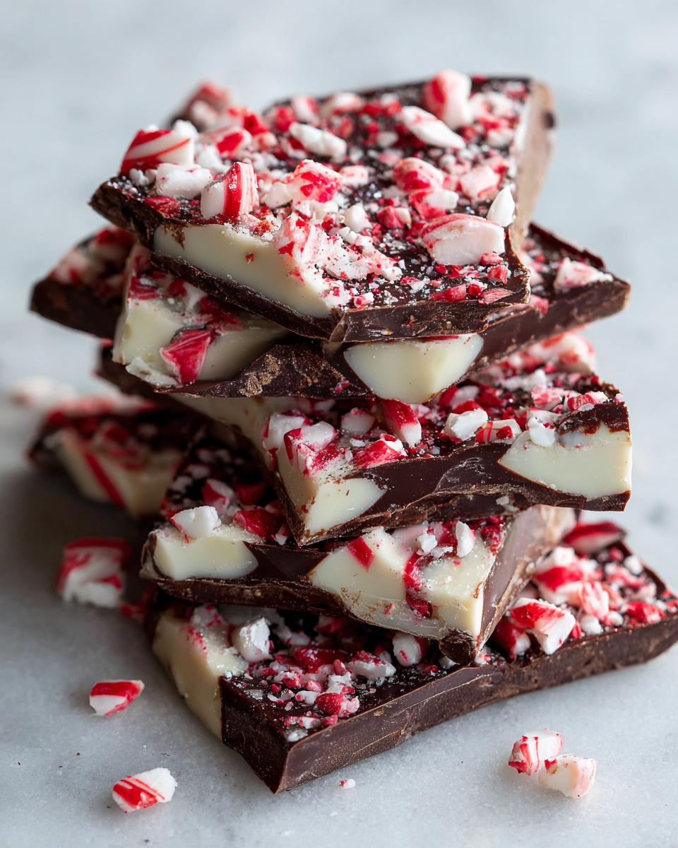 A stack of broken pieces of dark and white chocolate peppermint bark topped with crushed candy canes.